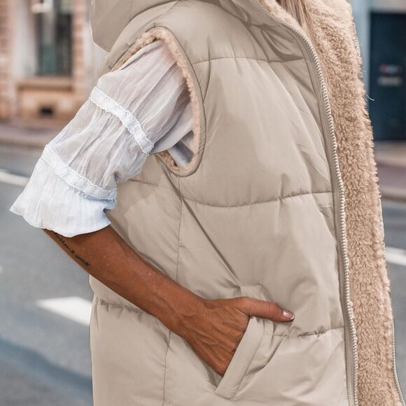 Fall Long Puffer Vest Women Sleeveless Hooded Reversible Fleece Sherpa Jacket Zi - Picture 4 of 5